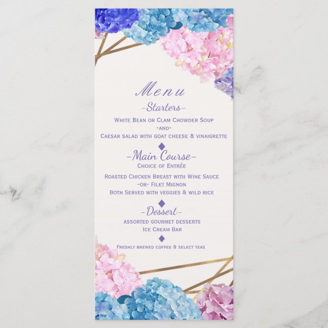 Hydrangea Blume & Gold Spring Wedding Menu Card Menükarte (Vorderseite)