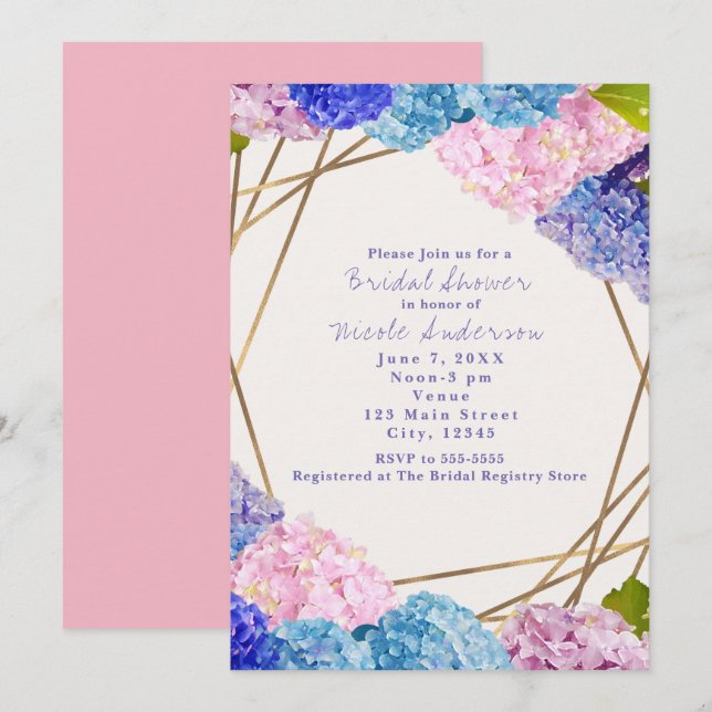 Hydrangea-Blume & Goldene Chic-Frühlingseinladunge Einladung (Vorne/Hinten)