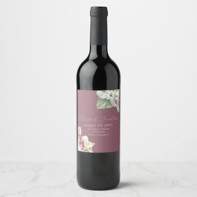 Hydrangea-Blume in Rosa und Weiß Weinetikett (Vorderseite)