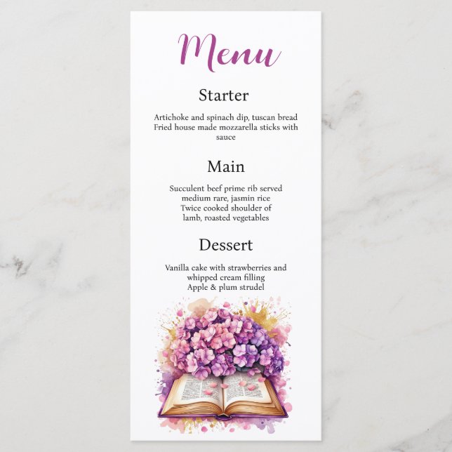Hydrangea Book Theme Menu Card Menükarte (Vorderseite)