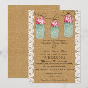Hydrangea-Burlap Rustikale Maurerjar Hochzeit Einladung