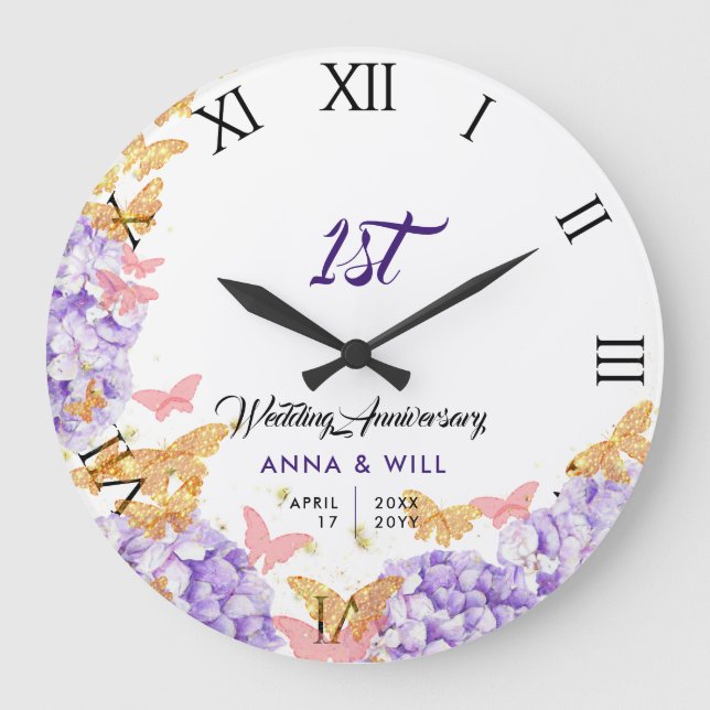 Hydrangea Butterfly Boho Chic Hochzeitstag Große Wanduhr (Vorderseite)