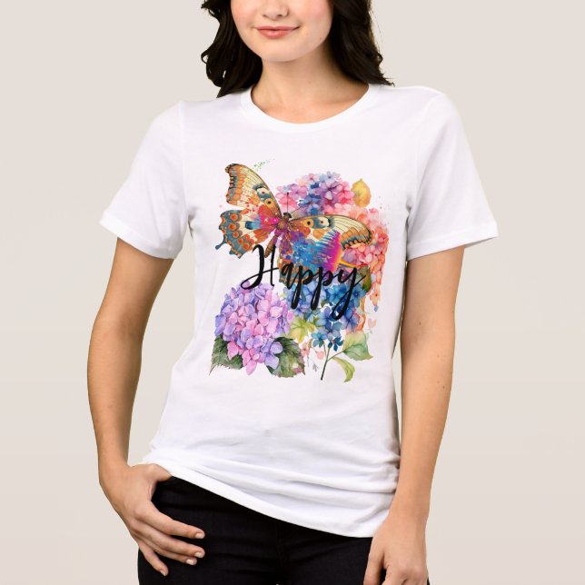 Hydrangea Butterfly Wasserfarbe individuell gesegn Tri-Blend Shirt (Vorderseite)