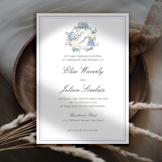 Hydrangea Crest Formal Blue Frame Coastal Wedding Einladung (hydrangea wedding invitation coastal cottagecore romantic garden formal elegant crest)
