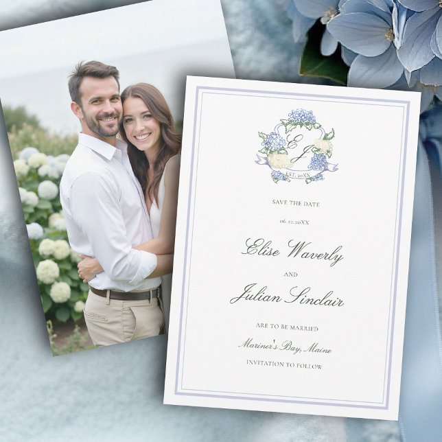 Hydrangea Crest Formale Blaue Küsten-Foto-Hochzeit Save The Date (hydrangea wedding save the date photo coastal cottagecore romantic garden formal elegant traditional)