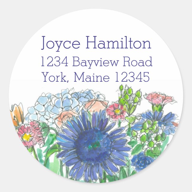 Hydrangea Daisy Rose Aquarell Blume Adresse Runder Aufkleber (Vorderseite)