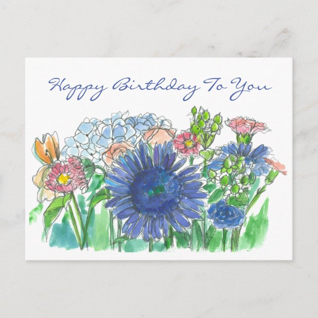 Hydrangea Daisy Watercolor Blume Happy Birthday Postkarte (Vorderseite)