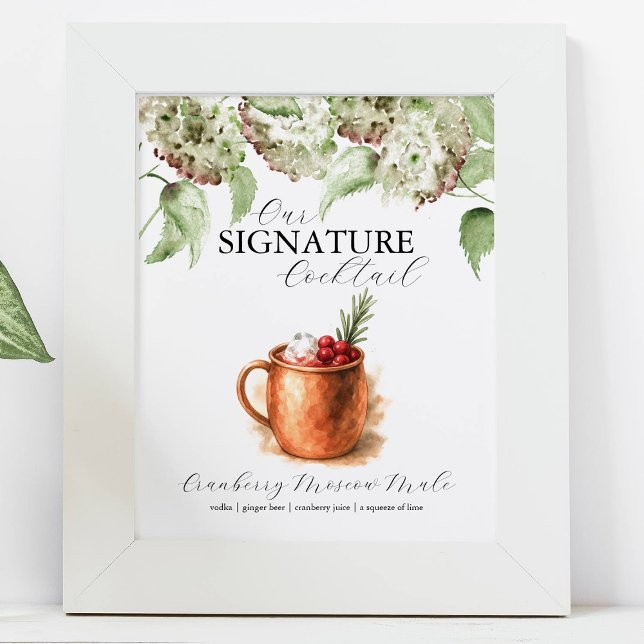 Hydrangea Decor Signature Cocktail Bar Signs Poster (Green hydrangea wedding decor features a signature cocktail sign. Hand painted art Do Tell A Belle)