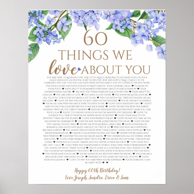 Hydrangea Dinge, die wir Ihnen Liebe 60 Dinge Gebu Poster (Vorne)