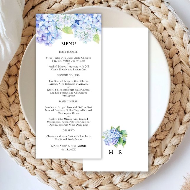 Hydrangea Dusty Blue Floral Wedding Menu Menükarte (Von Creator hochgeladen)