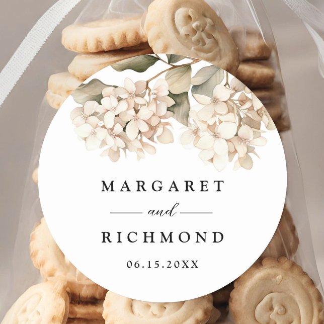 Hydrangea Elegant White Floral Wedding Runder Aufkleber (Von Creator hochgeladen)