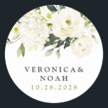 Hydrangea Elegante White Gold Rose Blumenhochzeit Runder Aufkleber<br><div class="desc">Das Design zeichnet sich durch elegante Hydrangea- und Rose-Aquarellelemente in Weiß-,  Gold-,  Elfenbein-,  Champagner- und anderen neutralen Farbtönen aus.</div>