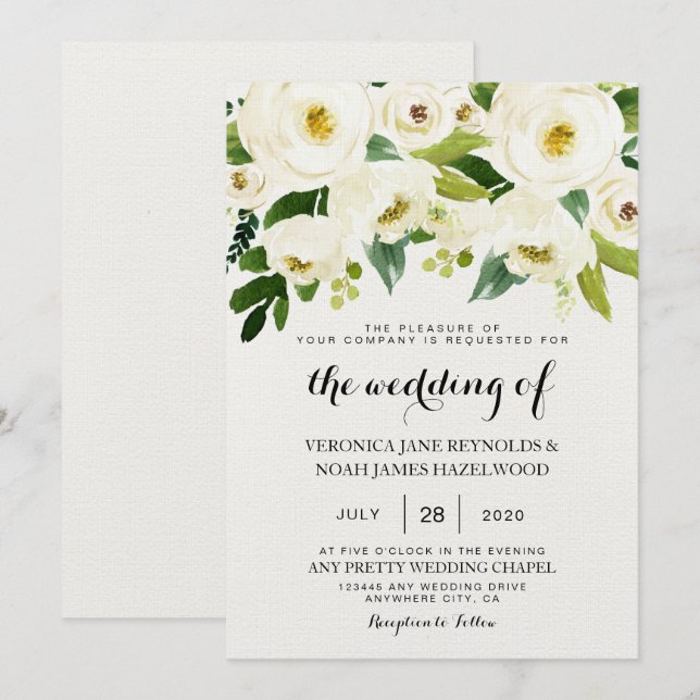 Hydrangea Elegante White Gold Rose Floral Wedding  Einladung (Vorne/Hinten)