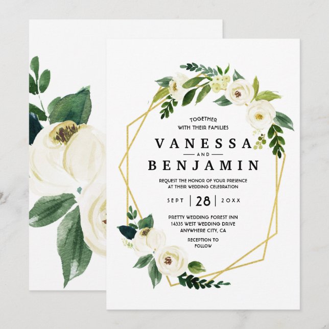 Hydrangea Elegante White Gold Rose Floral Wedding  Einladung (Vorne/Hinten)