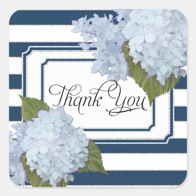 Hydrangea Floral Nautical Navy Blau Streifen Quadratischer Aufkleber (Vorderseite)
