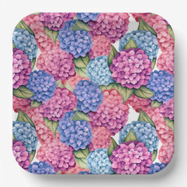 Hydrangea Floral Watercolor Blau Pink Pappteller