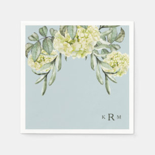 Hydrangea Foliage Monogram Dusty Blue Cocktail Serviette