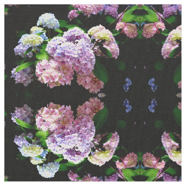 Hydrangea-Garten, rosa, blau, lila Blumen Stoff (Nahaufnahme)