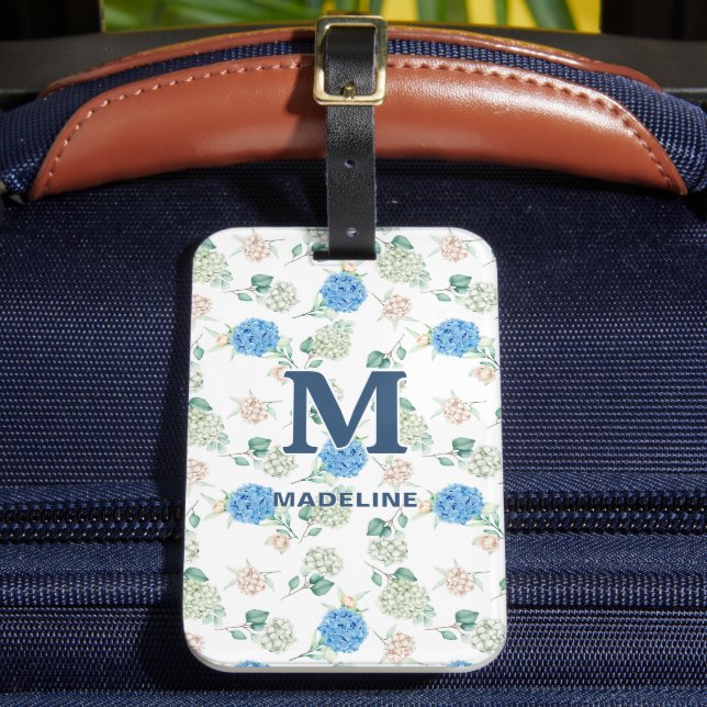 Hydrangea-Gepäckanhänger Monogramm Blaue Blüten Gepäckanhänger (Vorderseite Insitu 2)