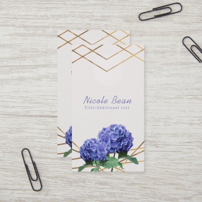 Hydrangea & Gold Linien Elegante Chic Floral Visitenkarte (Vorderseite/Rückseite Beispiel)