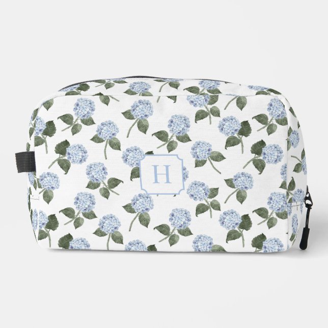 Hydrangea Hamptons Blaue Blumen Monogramm Waschbeutel (Vorderseite)
