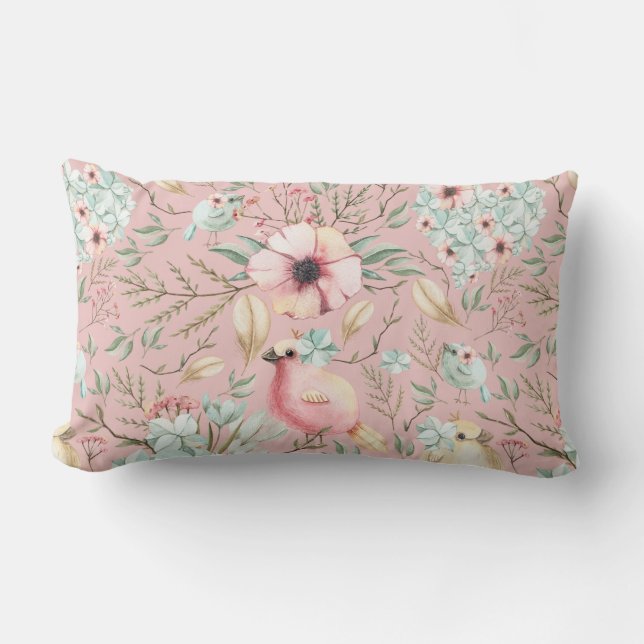 Hydrangea Hearts, Birdies Dusty Pink Lumbar Kissen (Vorderseite)