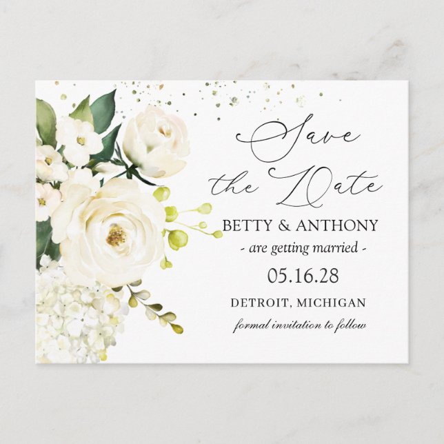 Hydrangea Hochzeit von White Cream Rose retten das Ankündigungspostkarte (Vorderseite)