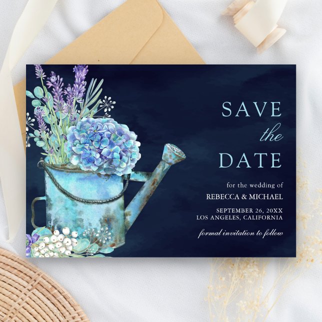 Hydrangea Lavender Floral Navy Blue Wedding Save The Date (Von Creator hochgeladen)