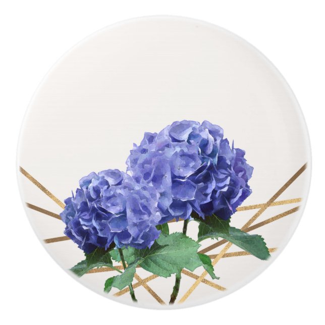 Hydrangea Lila Blue & Gold Elegante Blumen Keramikknauf (Vorderseite)