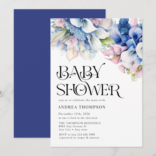 Hydrangea | Lilies Floral | Wasserfarben-Babydusch Einladung (Vorne/Hinten)