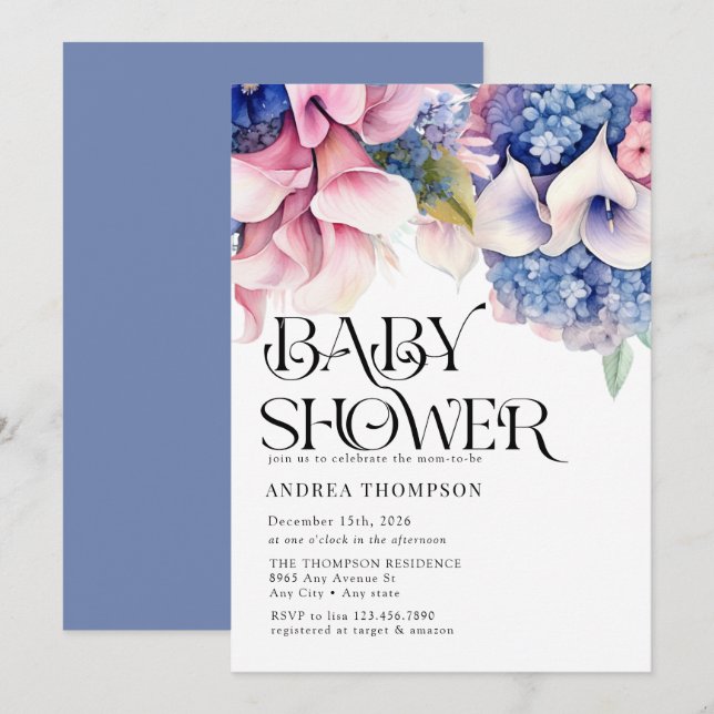 Hydrangea | Lilies Floral | Wasserfarben-Babydusch Einladung (Vorne/Hinten)