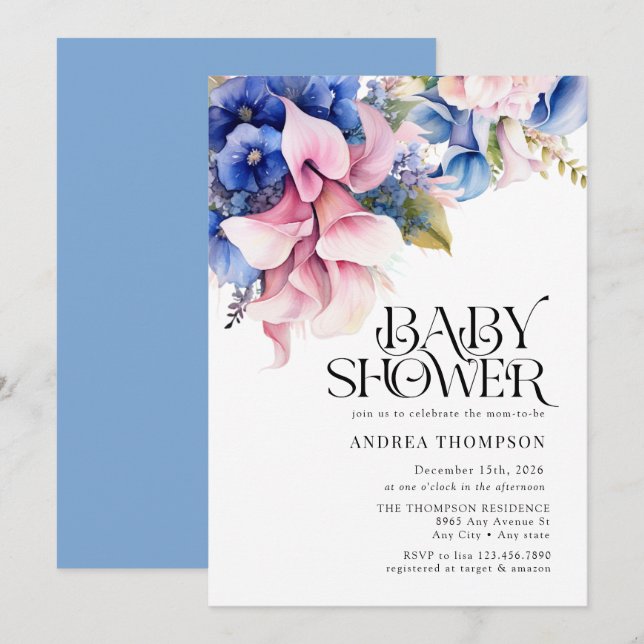 Hydrangea | Lilies Floral | Wasserfarben-Babydusch Einladung (Vorne/Hinten)