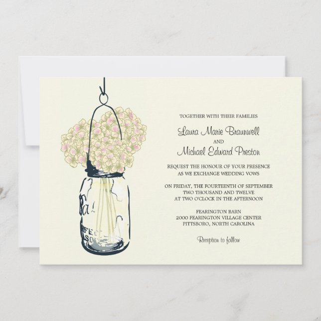 Hydrangea & Mason Jar Hochzeitseinladungen Einladung (Vorderseite)