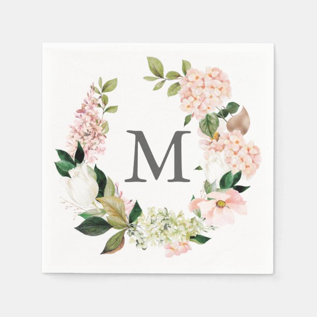 Hydrangea Monogram Wedding Cocktail Napkin Serviette (Vorderseite)
