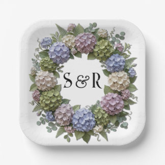 Hydrangea-Monogramm-Kranz-Hochzeit Pappteller