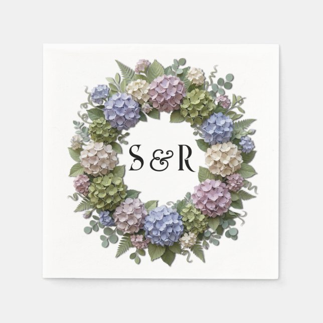 Hydrangea-Monogramm-Kranz-Hochzeit Serviette (Vorderseite)
