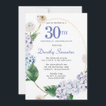 Hydrangea Rose 30. Geburtstag Party Einladung<br><div class="desc">Blaue Hydrangea-Blume und Blüten der Rose schmücken einen goldgelben ovalen Rahmen. Eine offene und luftige moderne botanische.</div>