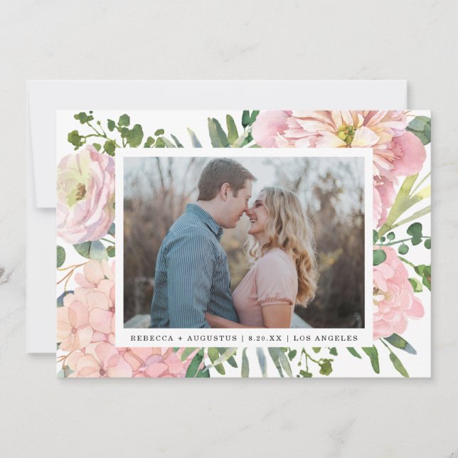 Hydrangea Rose Rosa Aquarellfarben Foto Save The Date (Vorderseite)