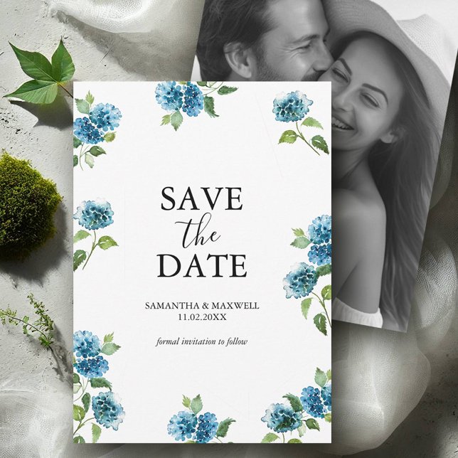 Hydrangea Save The Date Mit Bild (blue hydrangea save the dates with hand painted watercolor art by Victoria Grigaliunas)