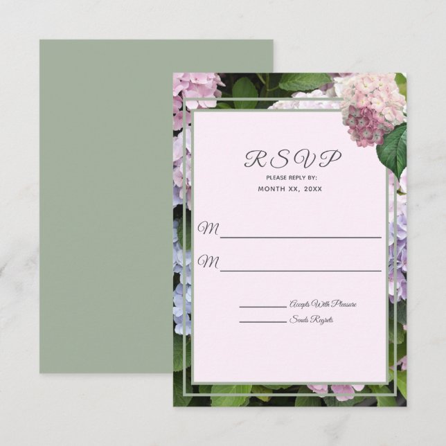 Hydrangea-Sommerblüten, rosa, grün, Hochzeit RSVP Karte (Vorne/Hinten)