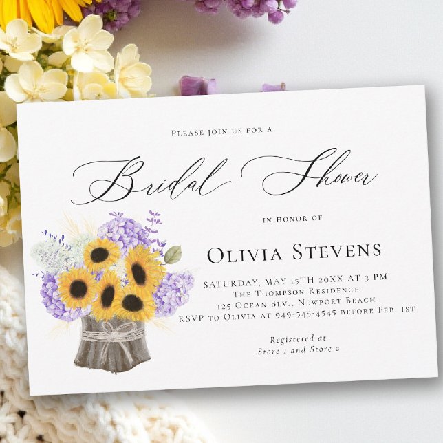 Hydrangea Sonnenblumen Flieder Rustikale Brautpart Einladung (bridal shower invitation sunflower lilac hydrangea rustic elegant barn outdoors garden backyard)