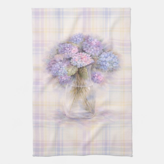 Hydrangea Tea Towel | Pastel Plaid Kitchen Decor Geschirrtuch (Vertikal)