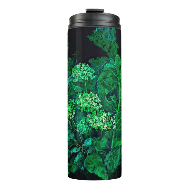 Hydrangea und Horseradish Floral Art Black & Green Thermosbecher (Vorderseite)