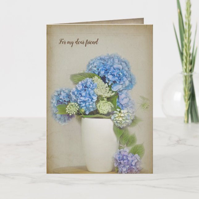 Hydrangea und Königin Anne's Lace-Bouquet in Vase Karte (Vorderseite)