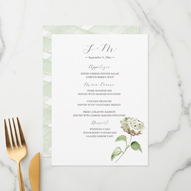 Hydrangea Wedding Table Decor | Menu (Devant/Arrière en situation)