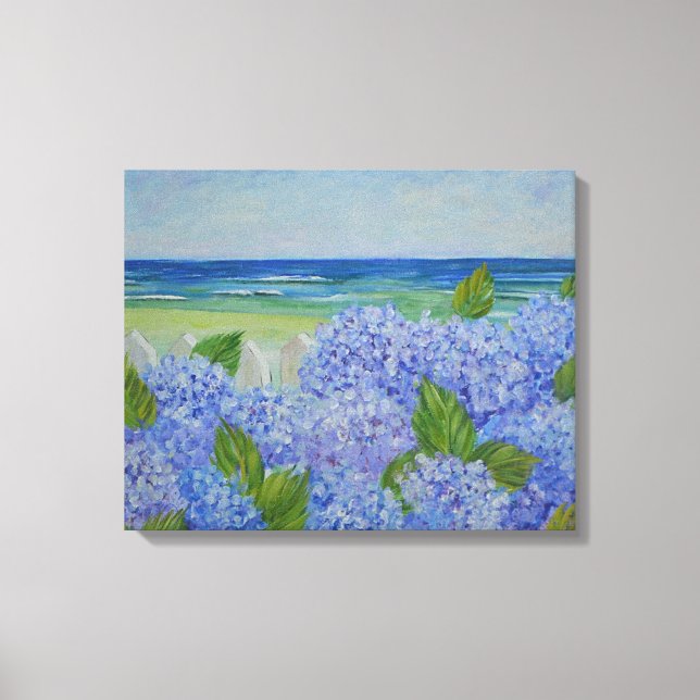 Hydrangeas am Meer: überfüllte Canvas Leinwanddruck (Vorderseite)