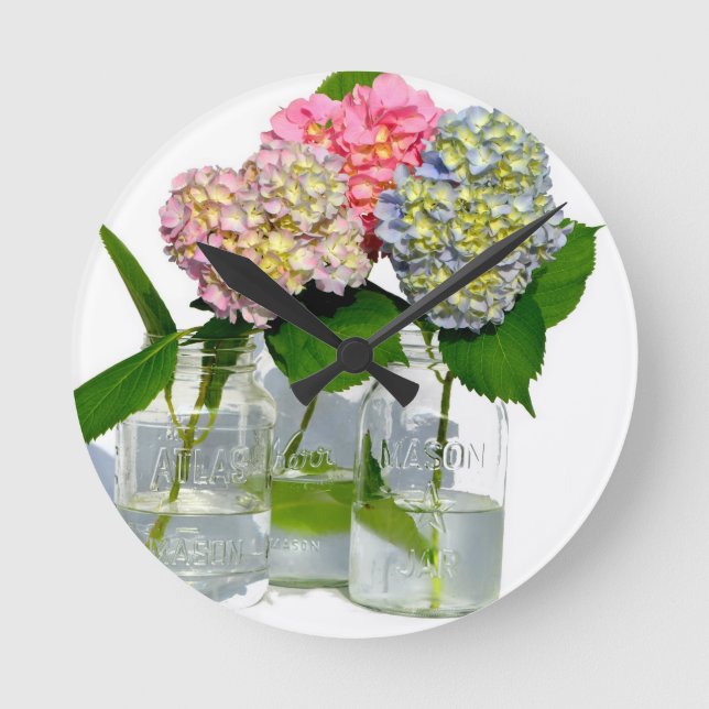 hydrangeas and mason jar runde wanduhr (Vorderseite)