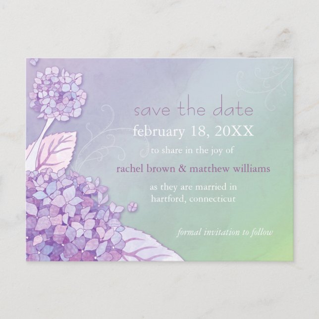 Hydrangeas Bloral Wedding retten das Datum Ankündigungspostkarte (Vorderseite)