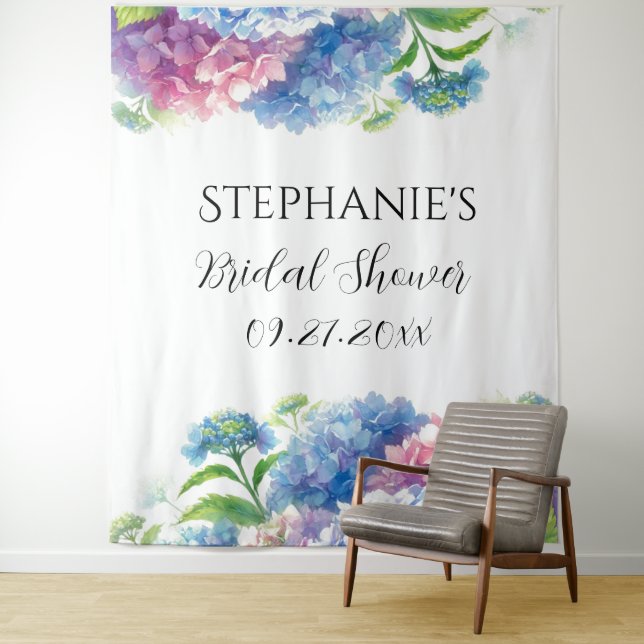 Hydrangeas Blue Floral Brautparty Foto Booth Wandteppich (Beispiel)