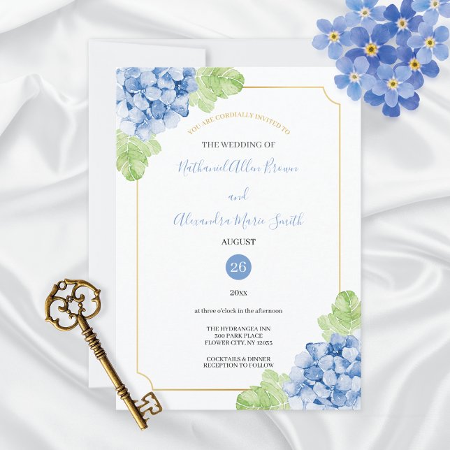 Hydrangeas Blue Gold Rahmen Hochzeitseinladung Einladung (Von Creator hochgeladen)